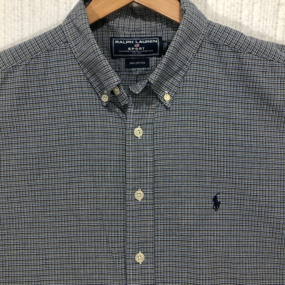 Ralph Lauren Sport Mens Blue Yellow Micro‎ Check Short Sleeve Button Down Shirt